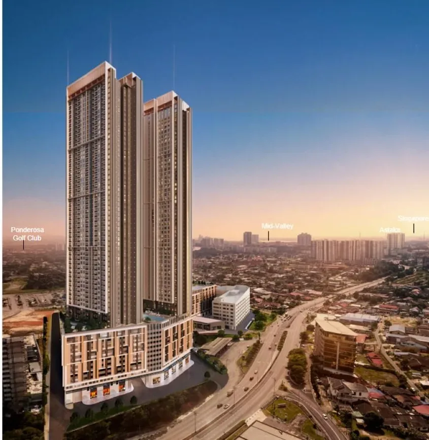 Developer render of the Monterra towers at dusk with labelled landmarks including Ponderosa Golf Club and Mid-Valley in the distance