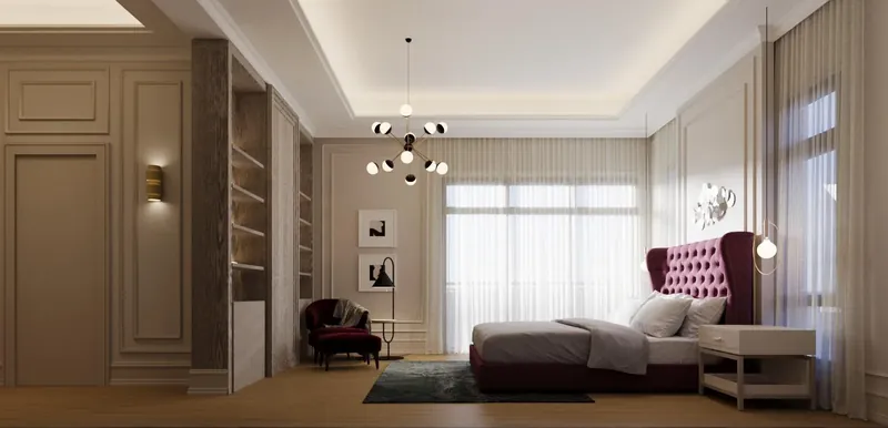 Park Homes bedroom with built-in shelving and tufted headboard, artist's impression