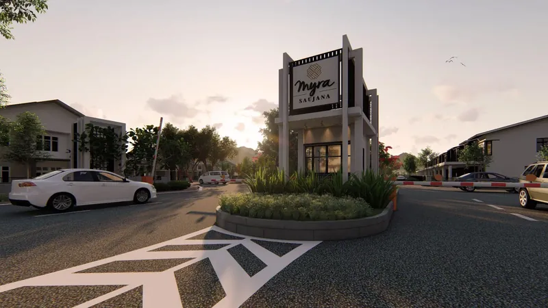 Myra Saujana township entrance with signage and guard barrier at dusk, artist's impression