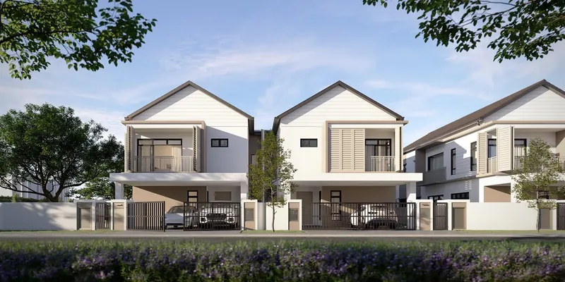 Myra Saujana Park Homes double-storey semi-detached houses with car porch and auto gate, artist's impression