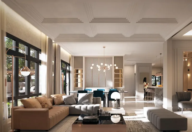 Park Homes living and dining area with high ceiling and garden view, artist's impression
