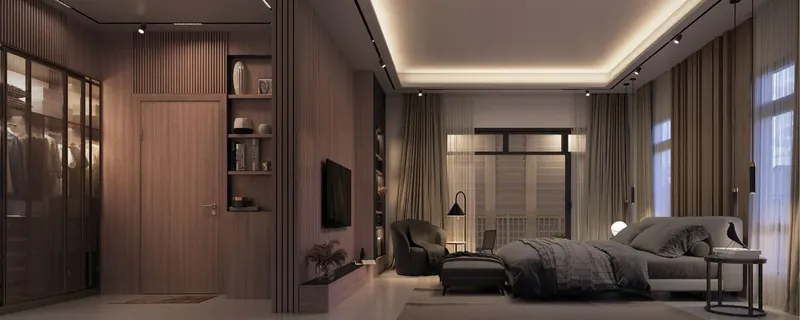 Park Homes master bedroom with glass-fronted wardrobe, artist's impression
