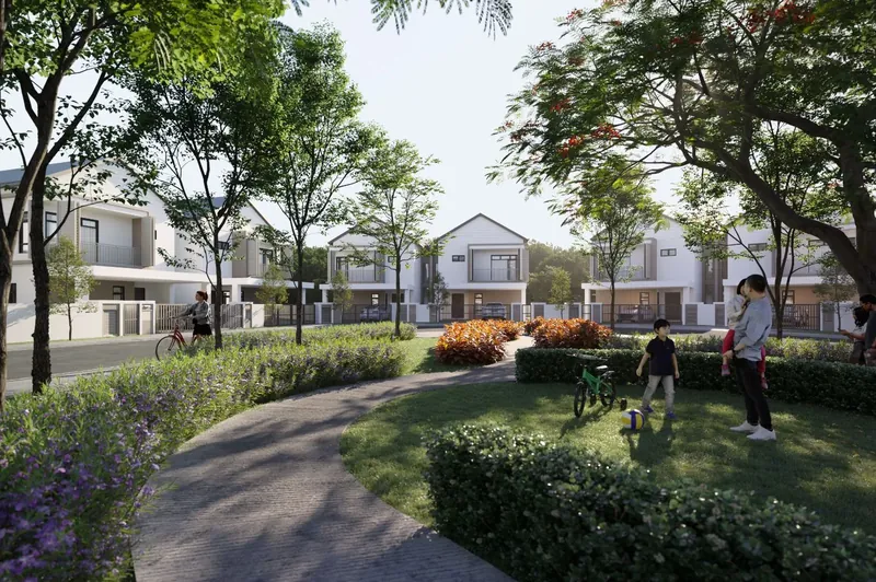 Park and garden path beside the Myra Saujana Park Homes with families outdoors, artist's impression