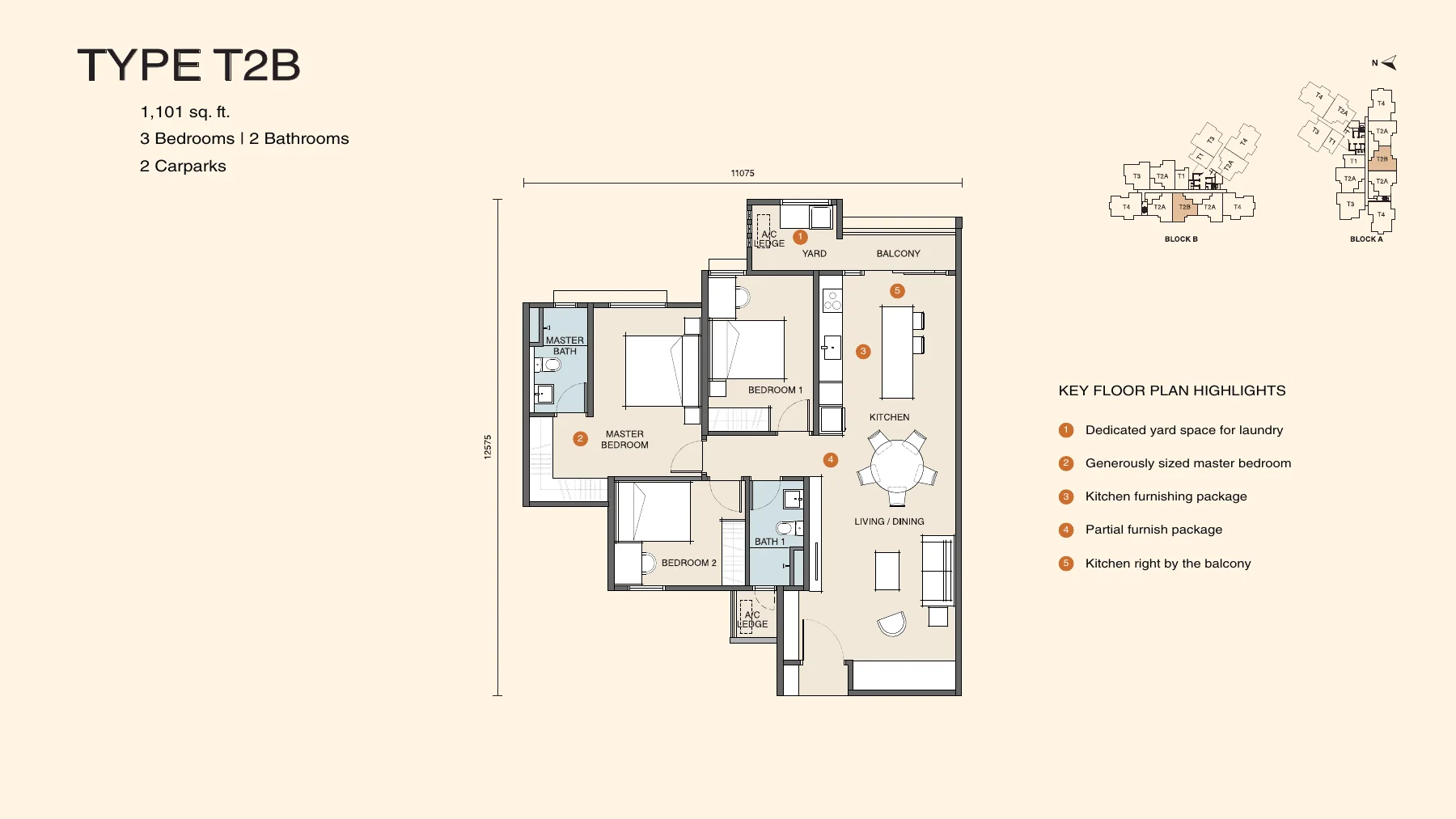 Myra Senja Type T2B floor plan — 1,101 sq ft, 3 bedrooms