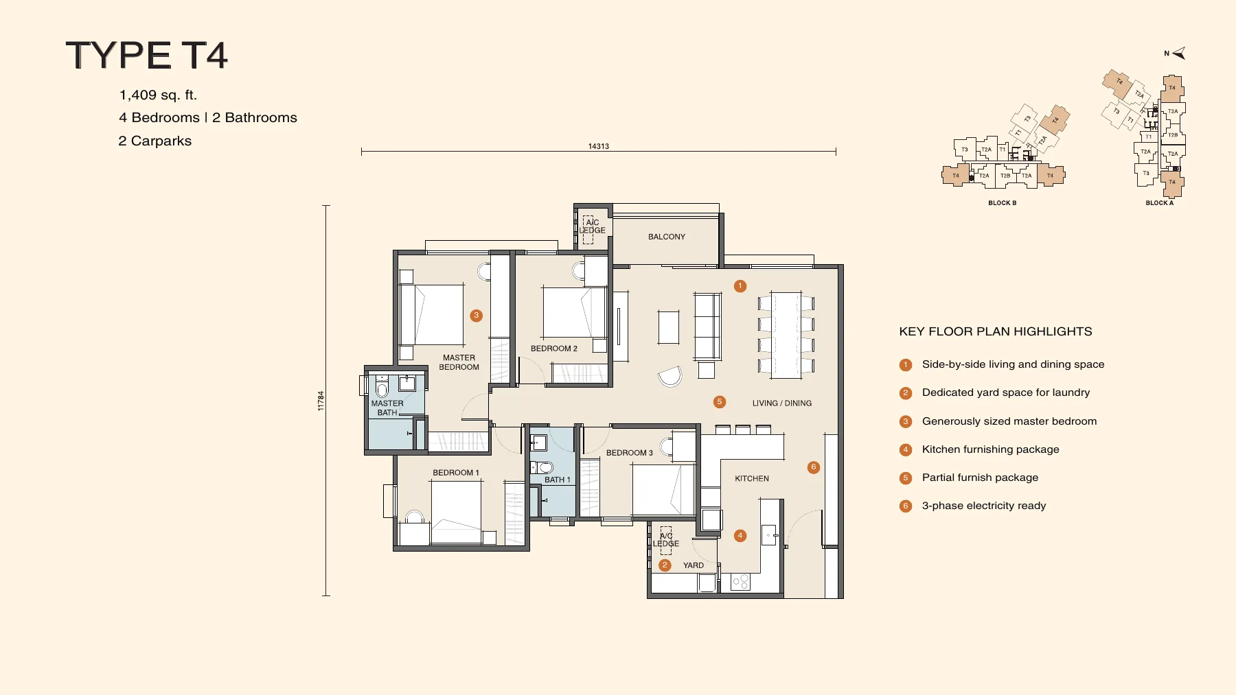 Myra Senja Type T4 floor plan — 1,409 sq ft, 4 bedrooms