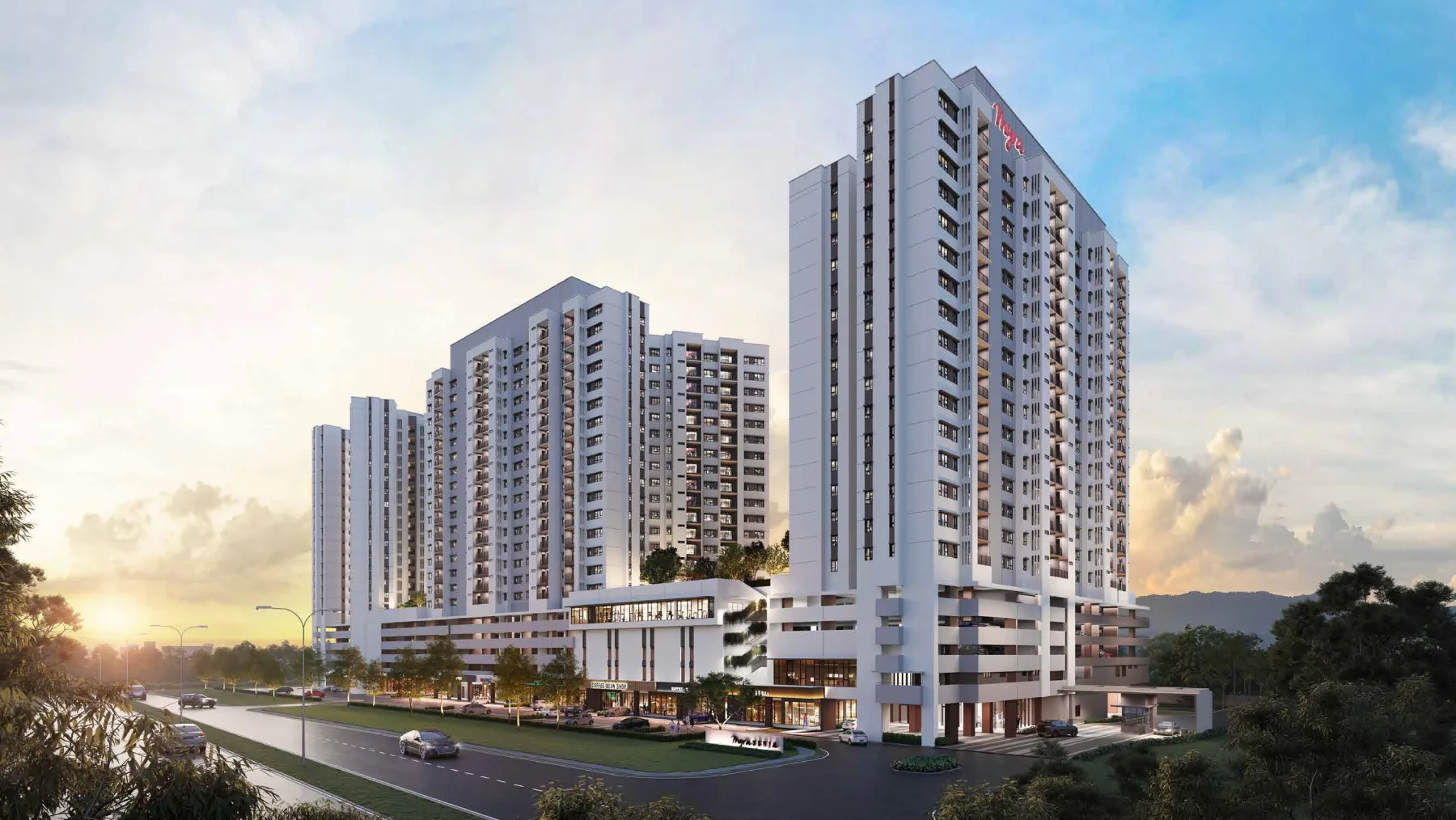 Myra Senja Subang 2 residential blocks at sunset, artist's impression