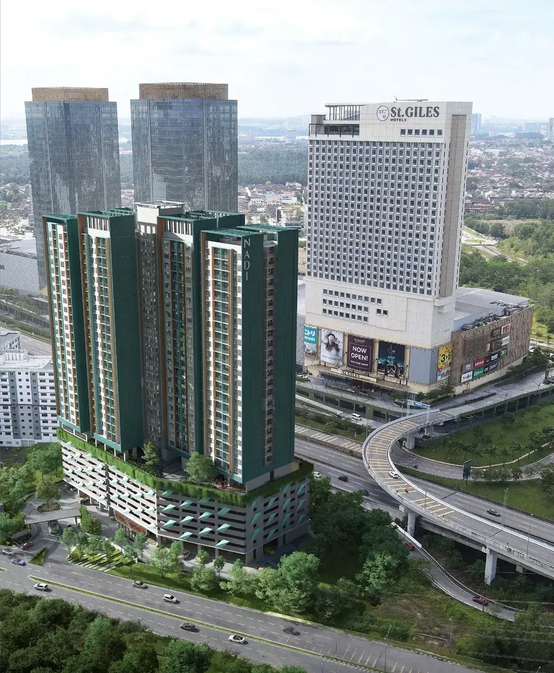 Aerial view of Southkey NADI Residences beside the St. Giles hotel in Southkey City, artist's impression