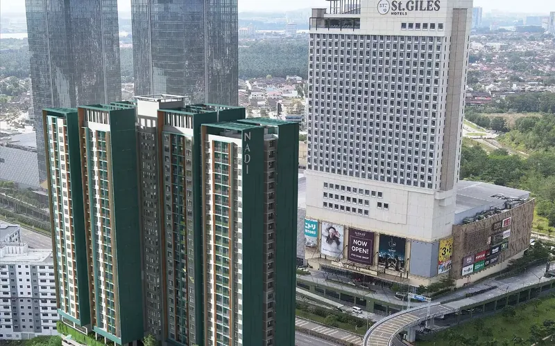 Aerial view of Southkey NADI Residences beside the St. Giles hotel in Southkey City, Johor Bahru, artist's impression