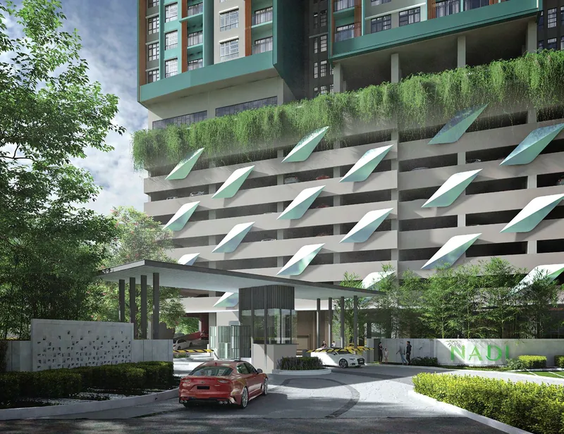 Southkey NADI Residences entrance canopy beneath the green podium with hanging planting, artist's impression