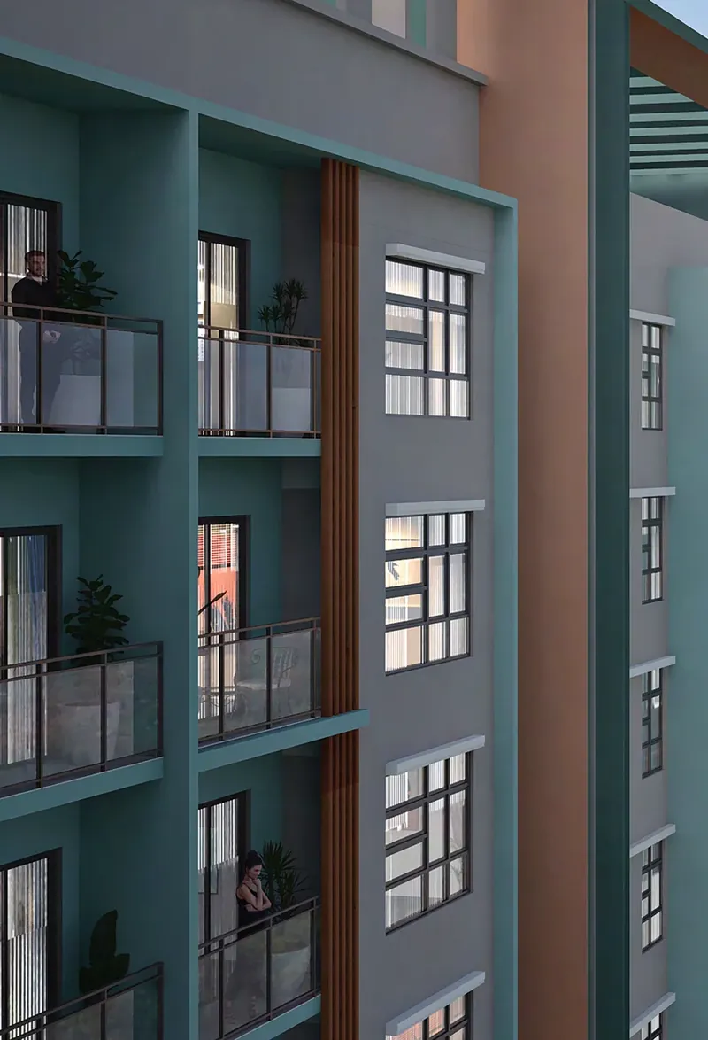Close view of Southkey NADI Residences tower balconies and timber-fin facade, artist's impression