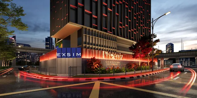 Entrance and drop-off at Phoeniz Suites @ KL City Centre at night, with the project sign at street level, artist's impression