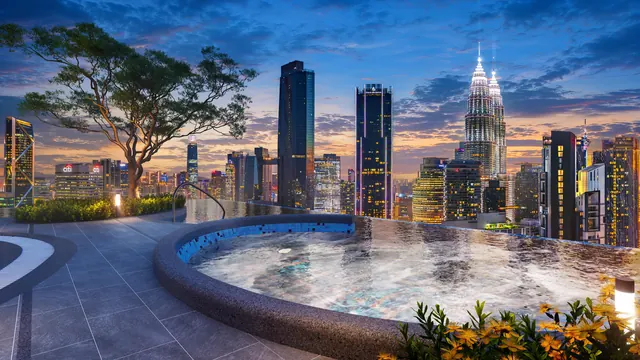 Nest Jacuzzi at Phoeniz Suites @ KL City Centre with the Petronas Twin Towers and Kuala Lumpur skyline at dusk, artist's impression