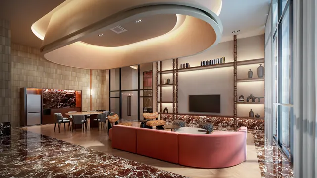 Sky Music Lounge at Phoeniz Suites @ KL City Centre with sofa seating, a dining table and marble accents, artist's impression