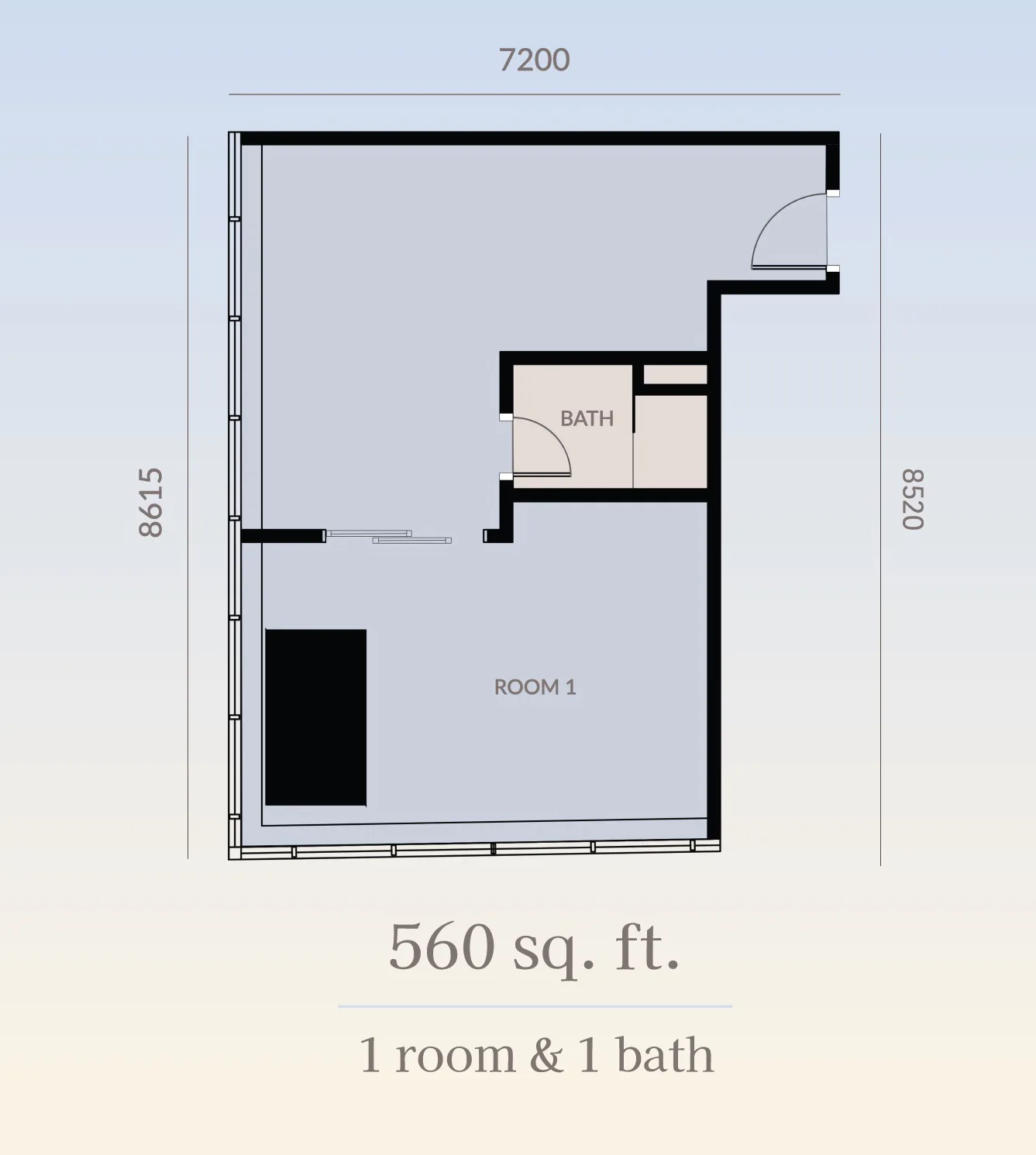 Platinum Premium Suites 1-room floor plan — 560 sq ft, 1 bathroom