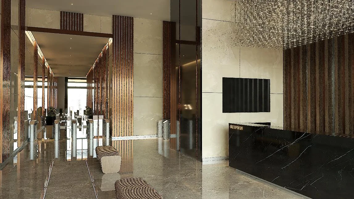 Platinum Premium Suites grand lobby with turnstile security, artist's impression