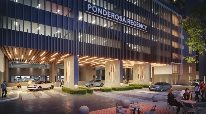 Artist's impression of the Ponderosa Regency podium drop-off with timber fins and signage