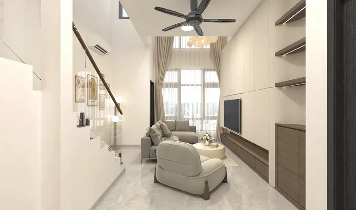 Artist's impression of a duplex living room with a double-height window at Ponderosa Regency