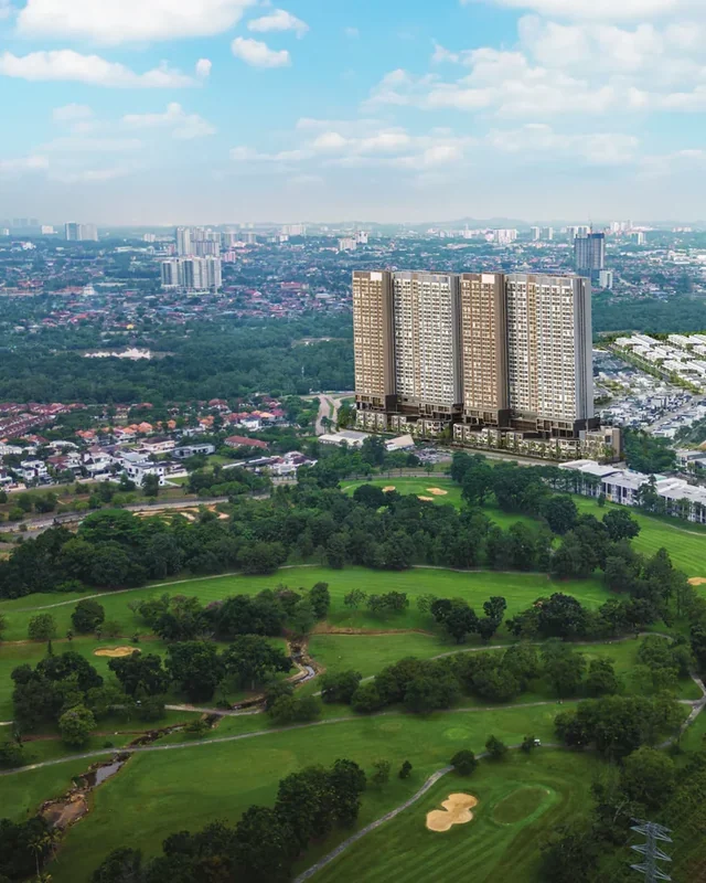 Aerial view of the Ponderosa Regency towers beside Ponderosa Golf and Country Resort in Taman Ponderosa, Johor Bahru, artist's impression