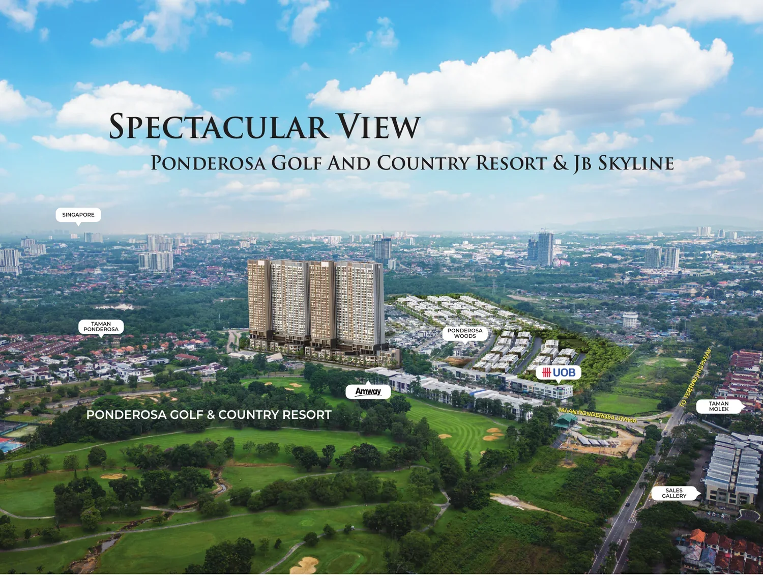Aerial view marking Ponderosa Regency beside Ponderosa Golf and Country Resort with the Johor Bahru skyline behind