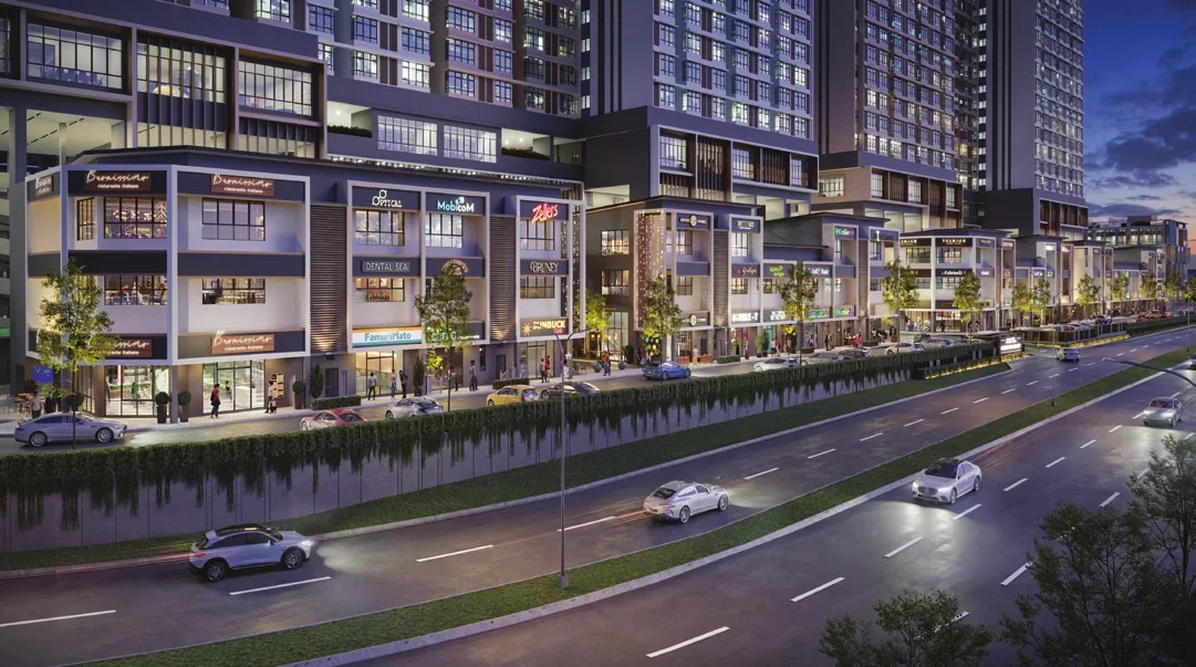Artist's impression of the 2- and 3-storey strata shop offices at the base of Ponderosa Regency