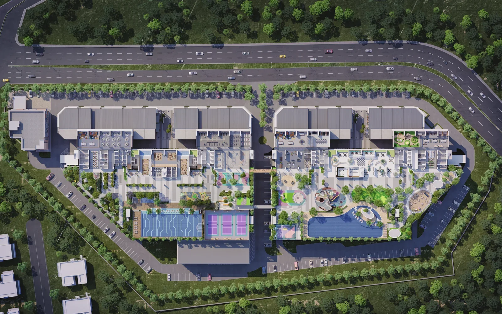 Ponderosa Regency site plan aerial showing Phase 1 and Phase 2, the Level 7 podium and the surrounding roads