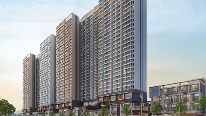 Artist's impression of the Ponderosa Regency towers rising above the strata shop offices