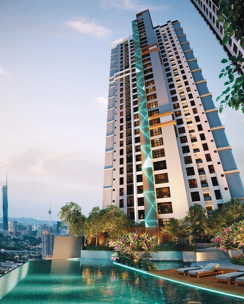 Quartz tower rising above the infinity pool with the Kuala Lumpur skyline behind, artist's impression