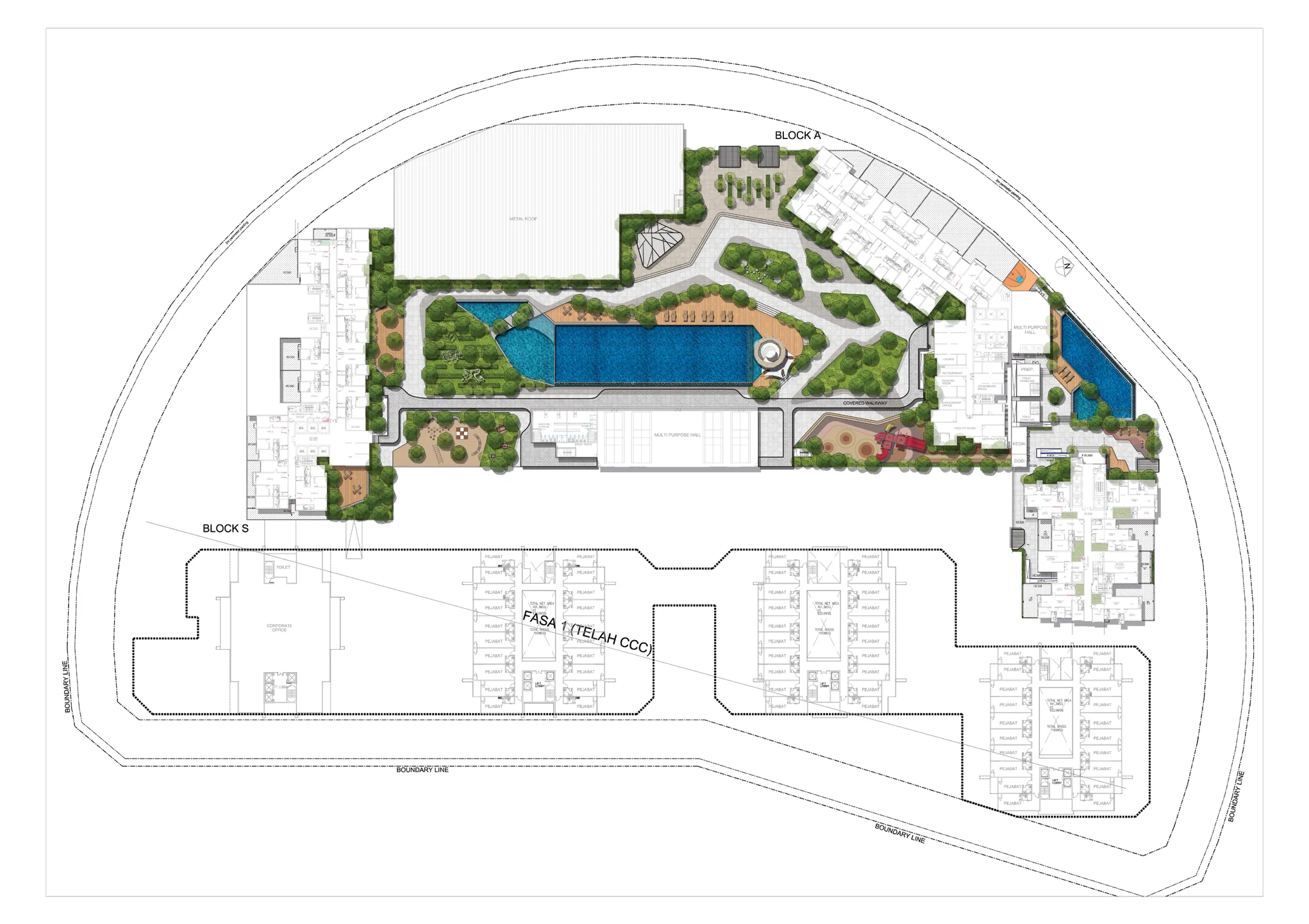 Site plan of Quartz @ Queensville showing the podium pool deck, blocks and mall level