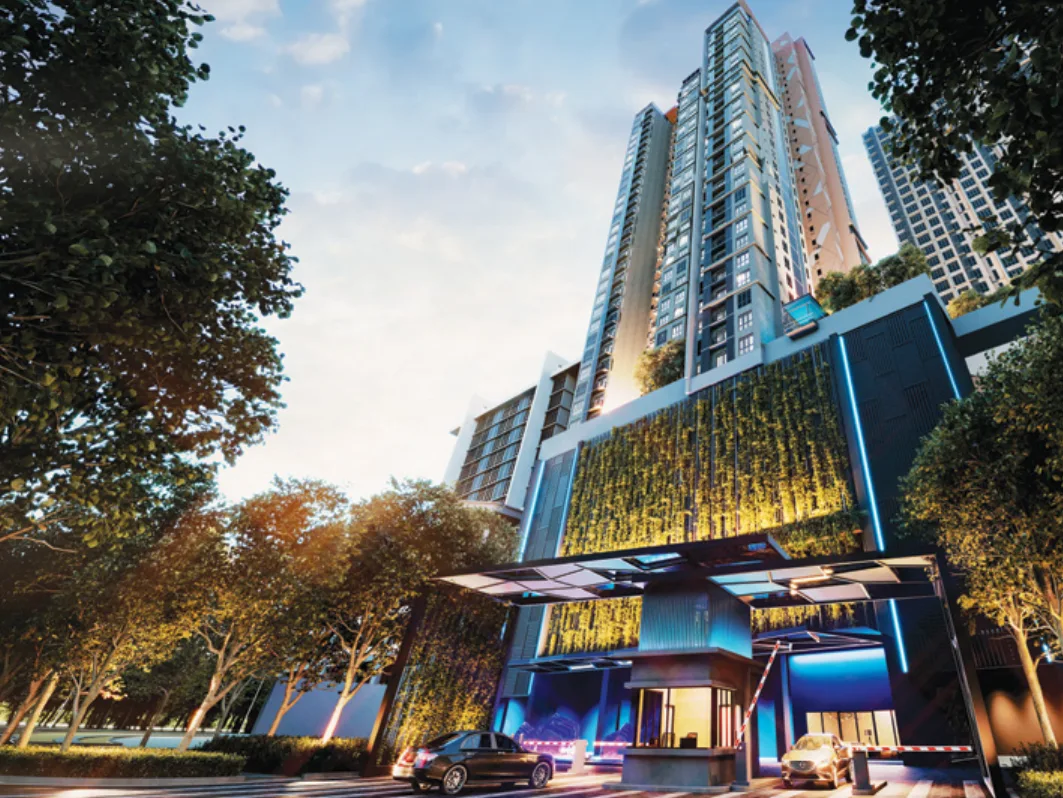 Quartz vehicle entrance with a green facade and the tower above, artist's impression
