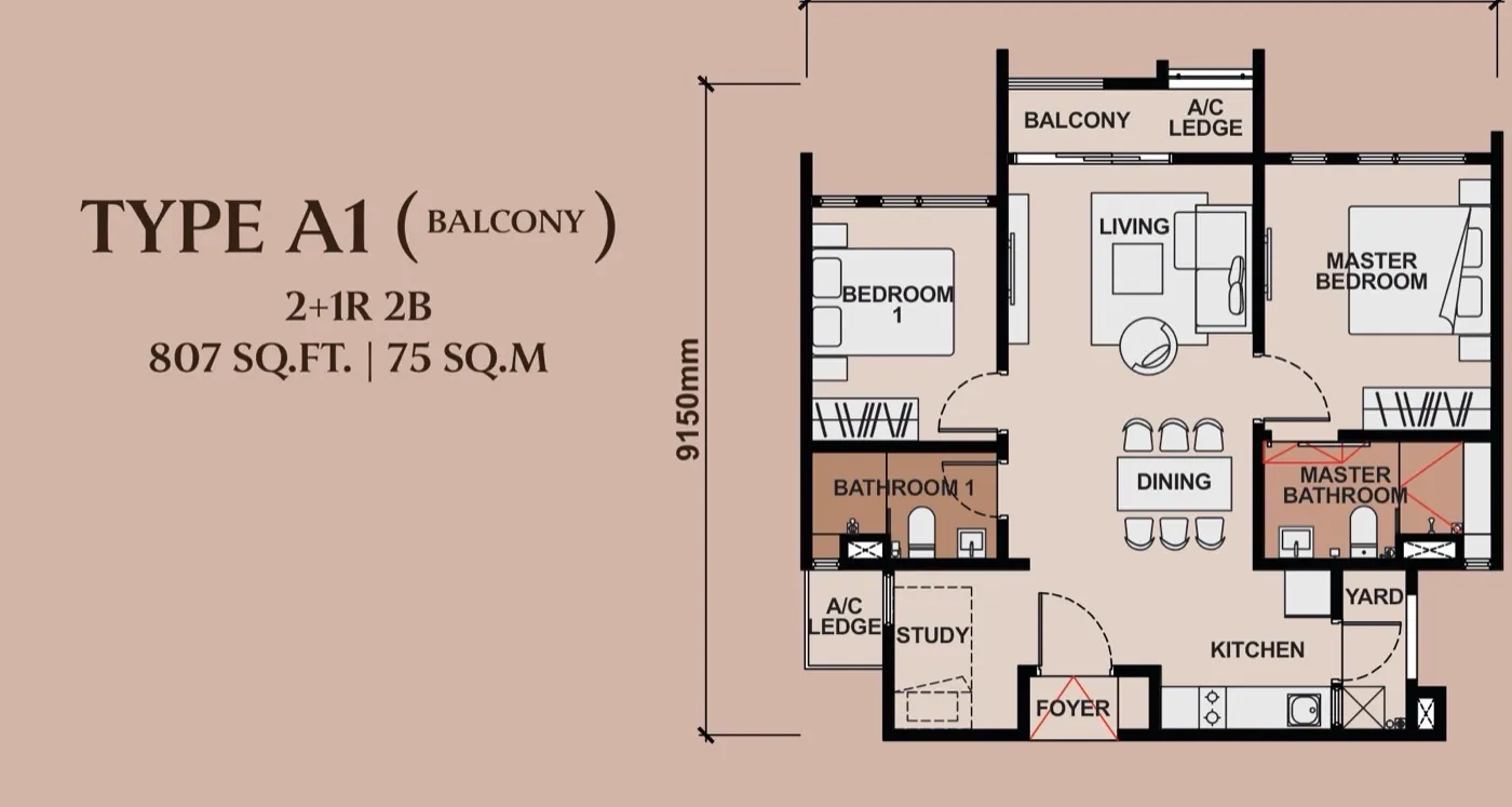 Queenswoodz Bukit Jalil Type A floor plan — 807 sq ft, 2+1 bedrooms
