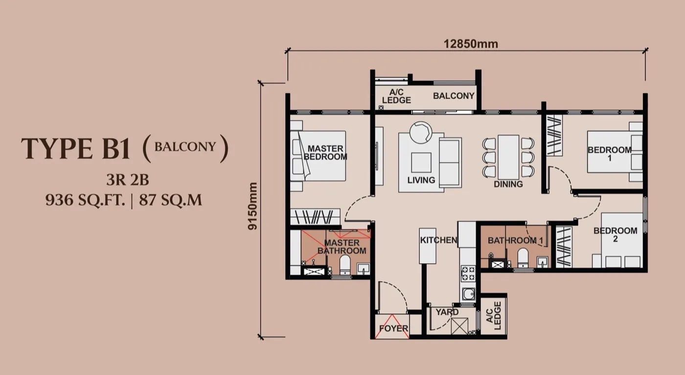 Queenswoodz Bukit Jalil Type B floor plan — 936 sq ft, 3 bedrooms