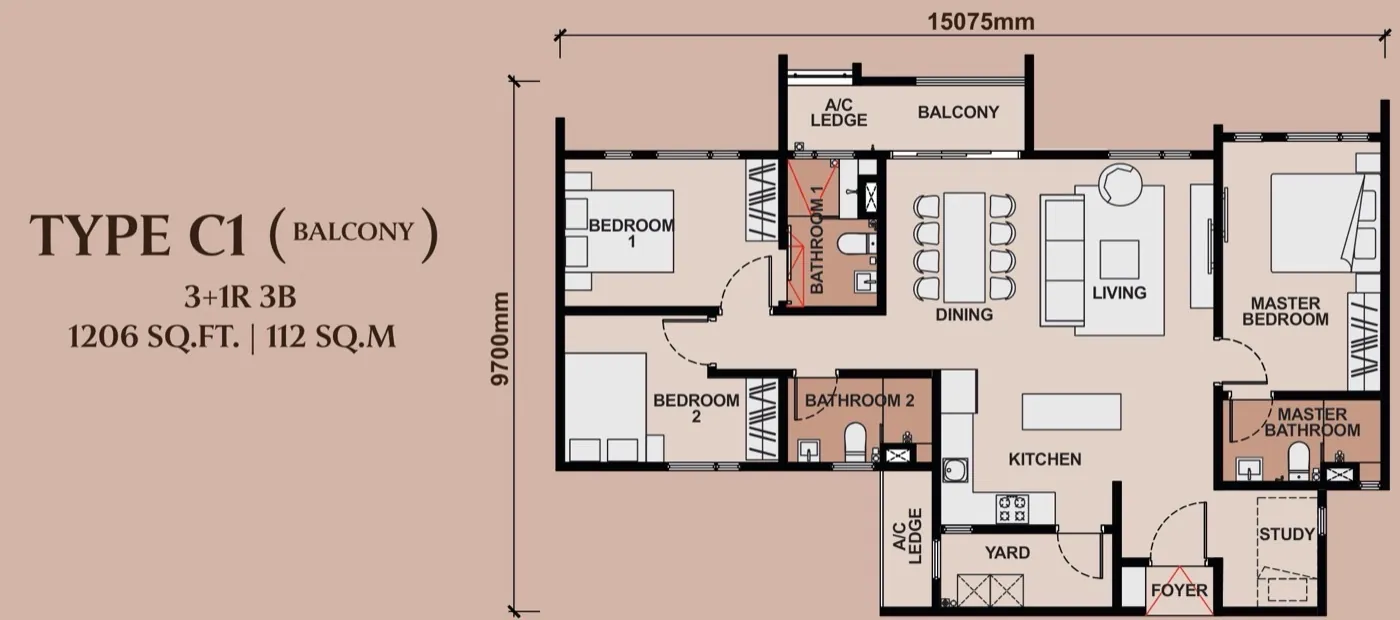 Queenswoodz Bukit Jalil Type C floor plan — 1,206 sq ft, 3+1 bedrooms