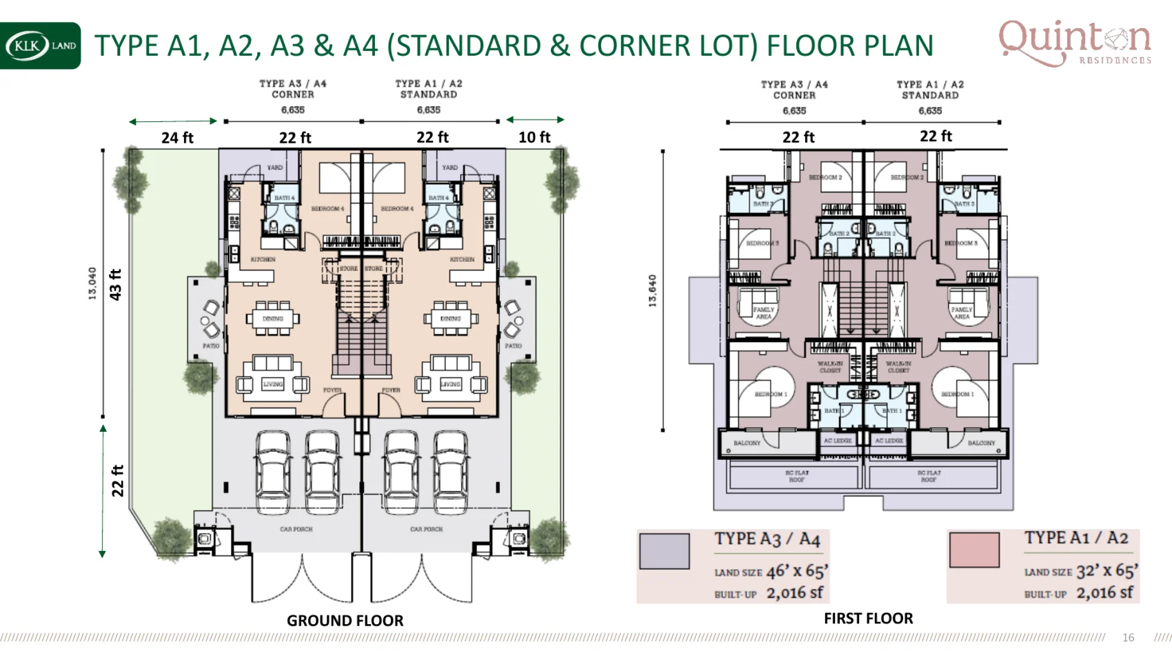 Quinton Residences Type A floor plan — standard and corner, 2,016 sq ft