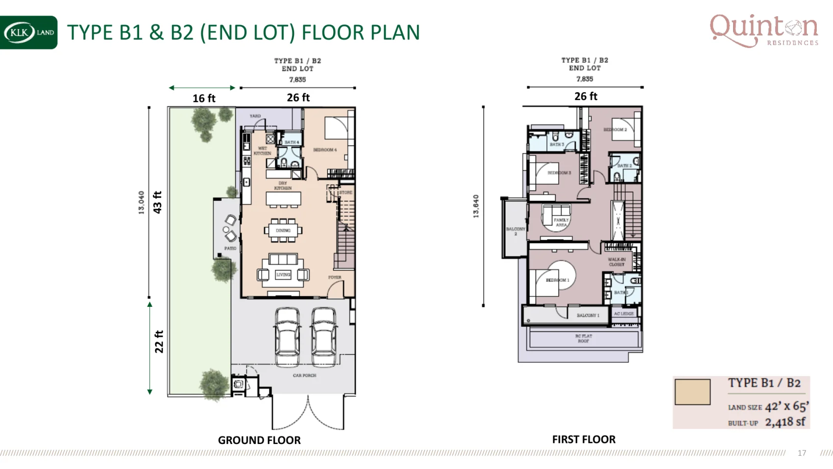 Quinton Residences Type B floor plan — end lot, 2,418 sq ft