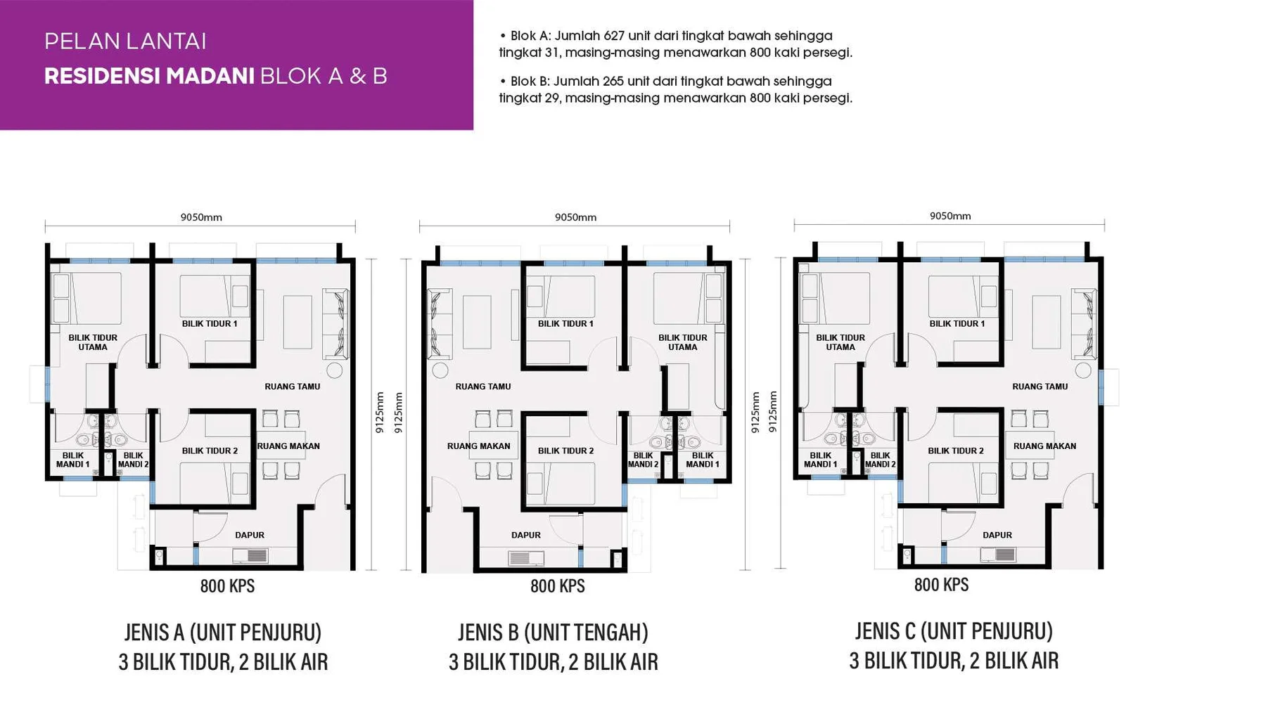 Residensi Madani Blocks A and B floor plans — 800 sq ft, 3 bedrooms