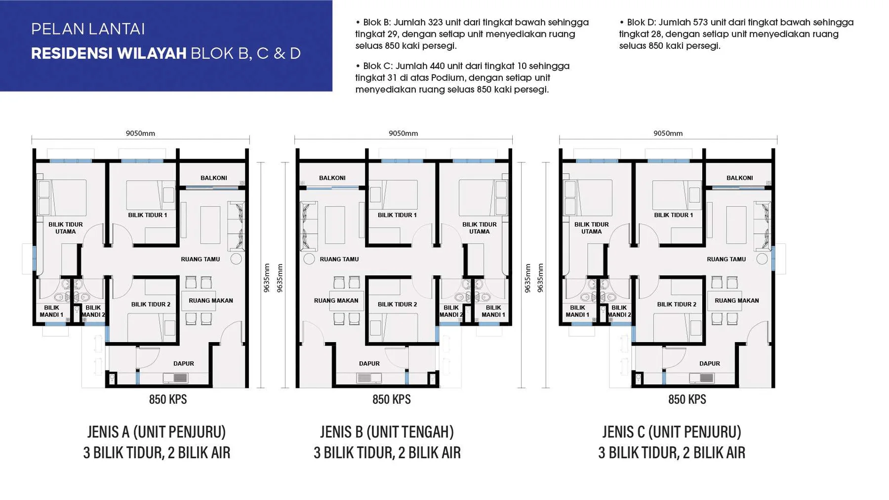Residensi Wilayah Blocks B, C and D floor plans — 850 sq ft, 3 bedrooms