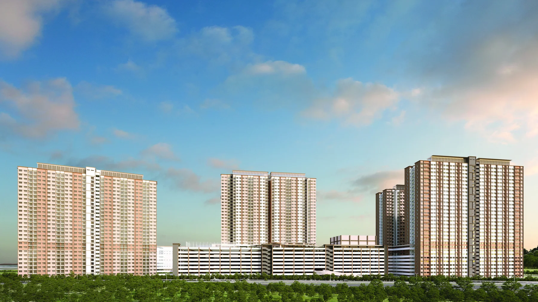 Residensi Sentral Putrajaya towers and multi-storey car park under a blue sky, artist's impression