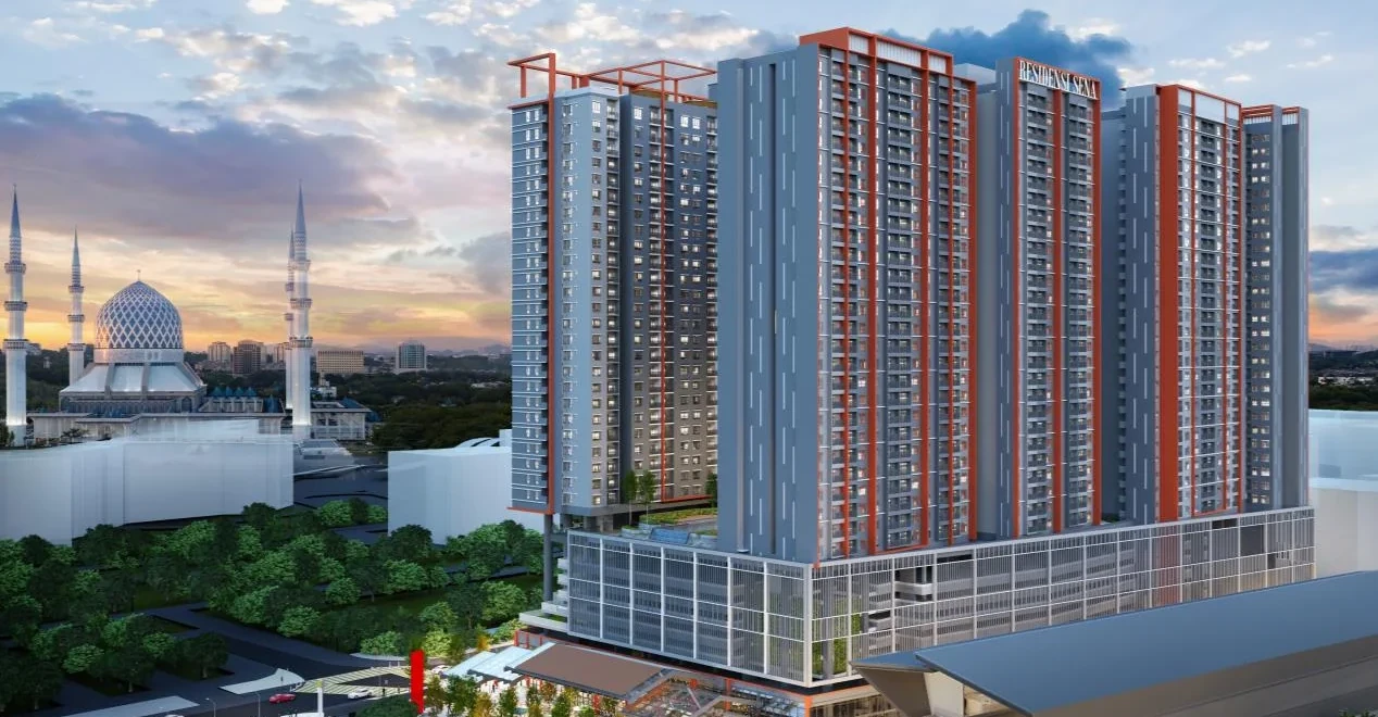 Sena Residences four-tower development with the Sultan Salahuddin Abdul Aziz Mosque on the skyline, artist's impression