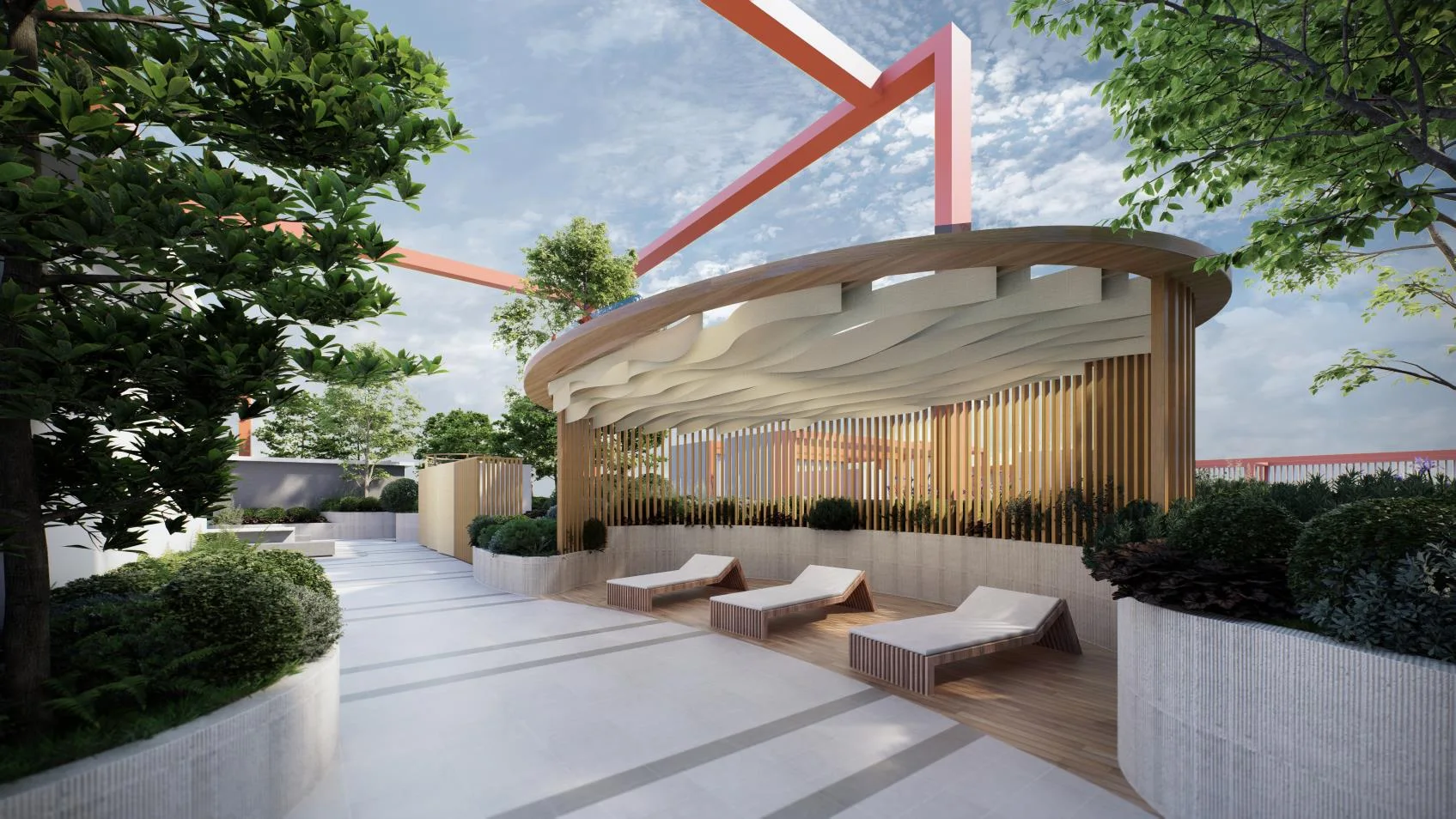 Sena Residences chill area with sunbeds, artist's impression