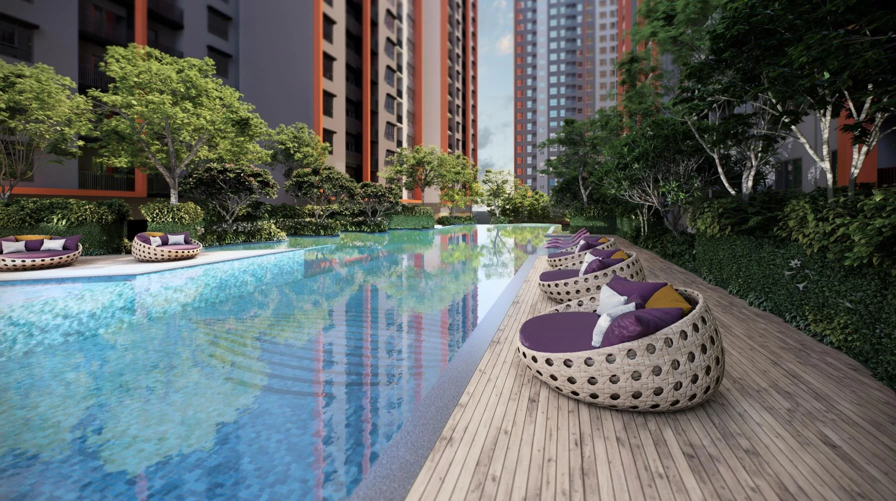 Sena Residences 50m lap pool with timber deck and daybeds, artist's impression