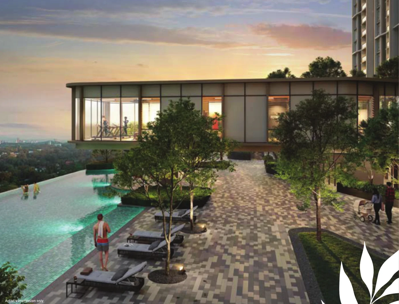 Senna Heights infinity swimming pool deck and gym pavilion at dusk, artist's impression