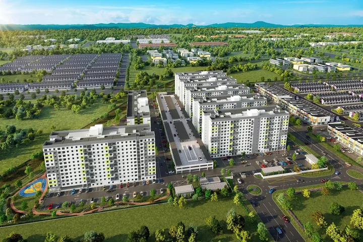 Artist's impression from above of the Sentrio Residence 2 blocks, playground and the Scientex Senai township in daylight
