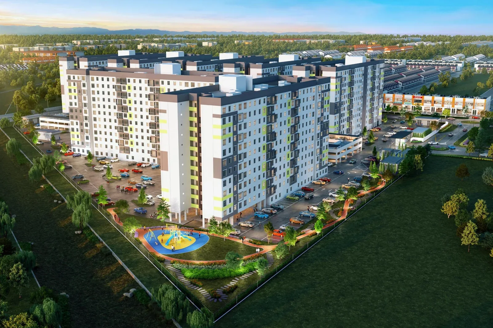 Artist's impression at dusk of the 11-storey blocks of Sentrio Residence 2 with a landscaped garden and playground at Taman Scientex Senai, Johor