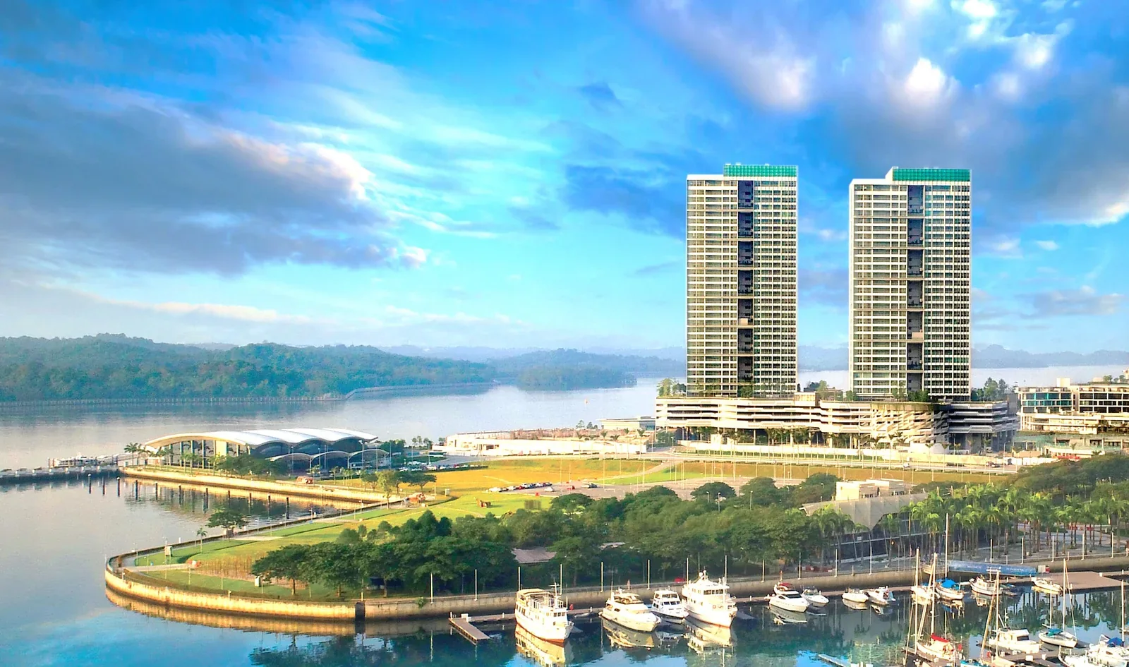 The two towers of Southern Marina Residence beside the Puteri Harbour waterfront and marina in Iskandar Puteri, Johor