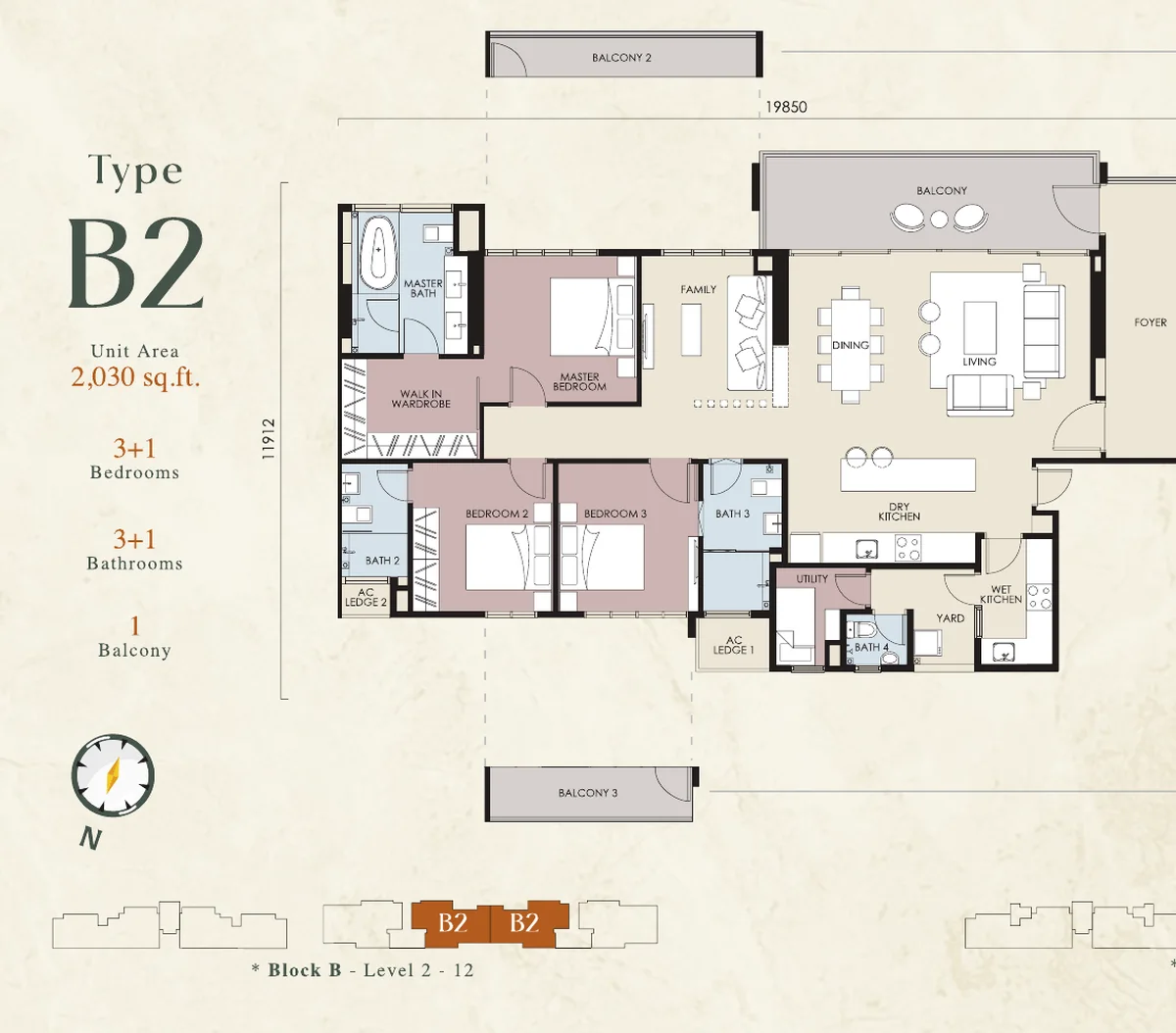 Stellar Damansara Type B2 floor plan — 2,030 sq ft, 3+1 bedrooms