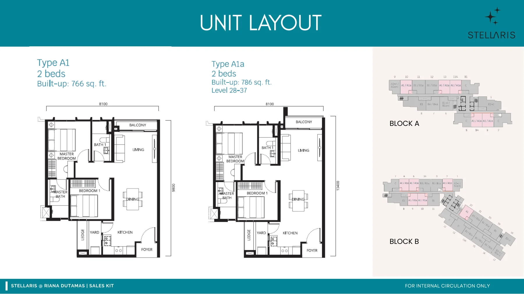 Stellaris Type A floor plans — 766 to 786 sq ft, 2 bedrooms