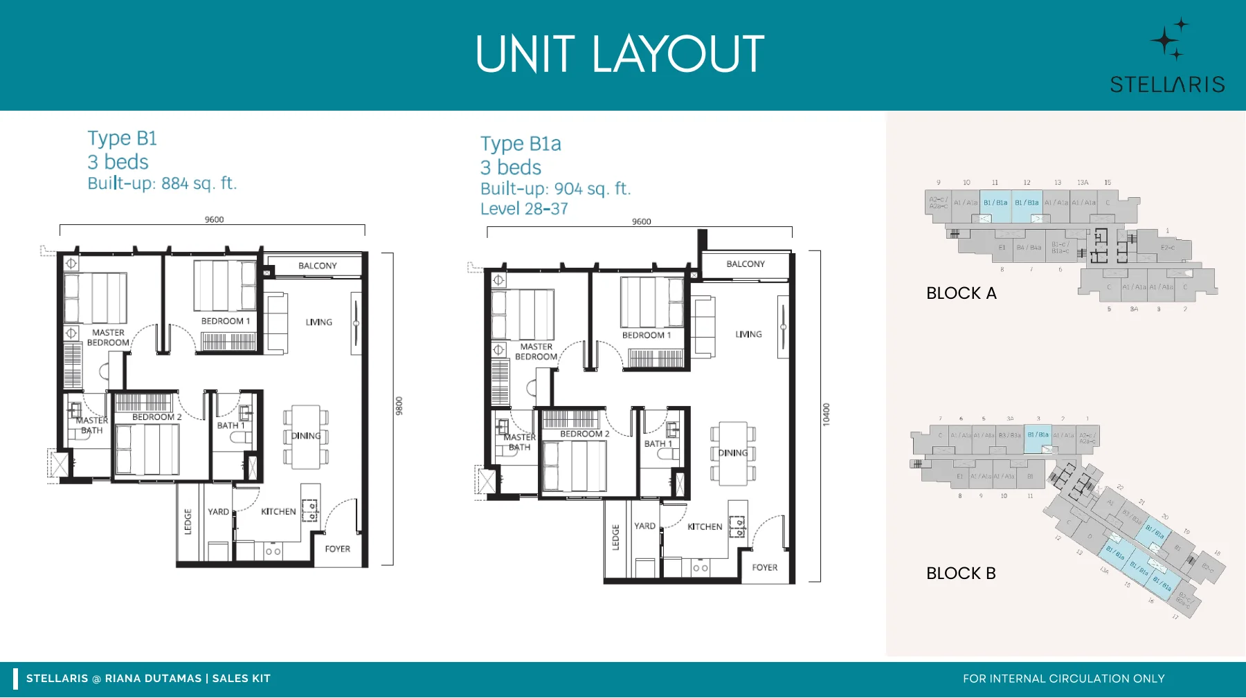Stellaris Type B floor plans — 884 to 914 sq ft, 3 bedrooms
