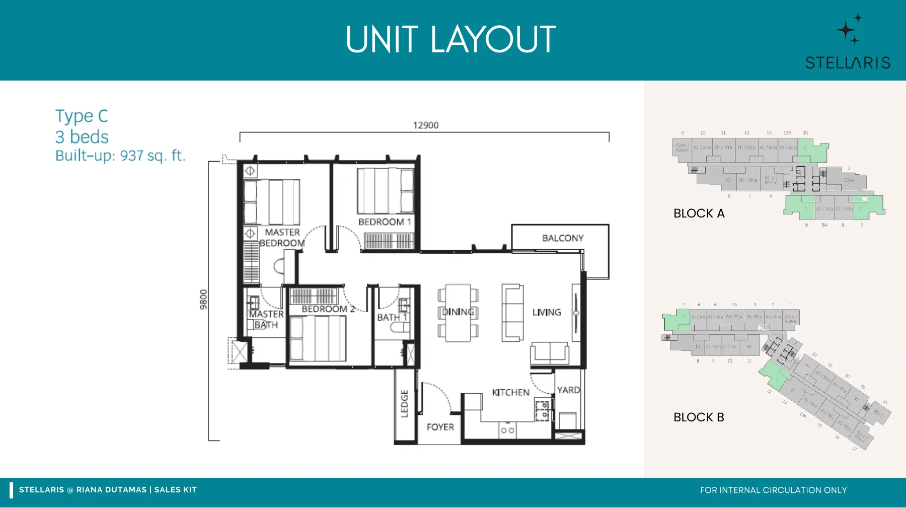 Stellaris Type C floor plan — 937 sq ft, 3 bedrooms