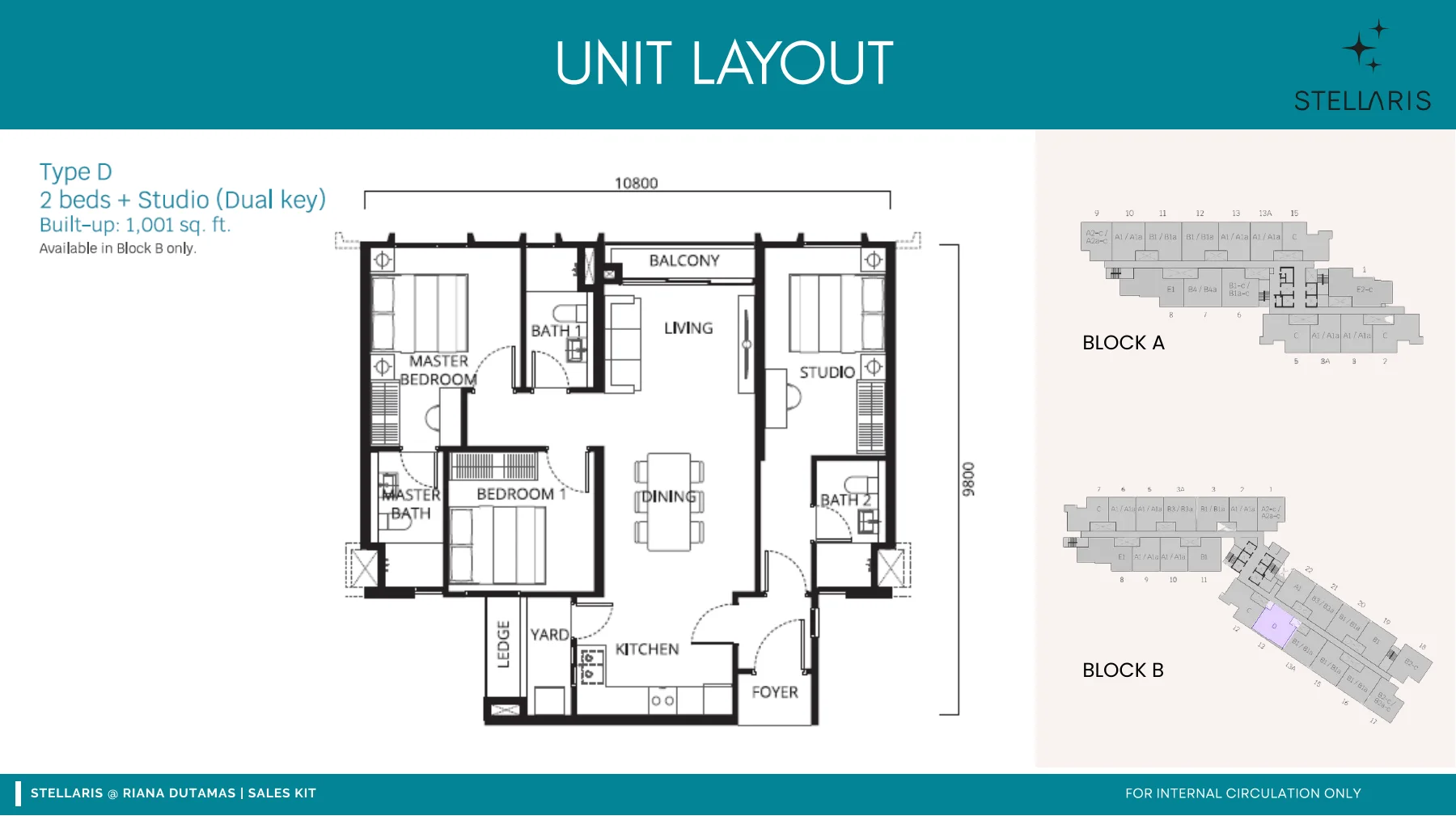 Stellaris Type D dual-key floor plan — 1,001 sq ft, 2 bedrooms plus studio
