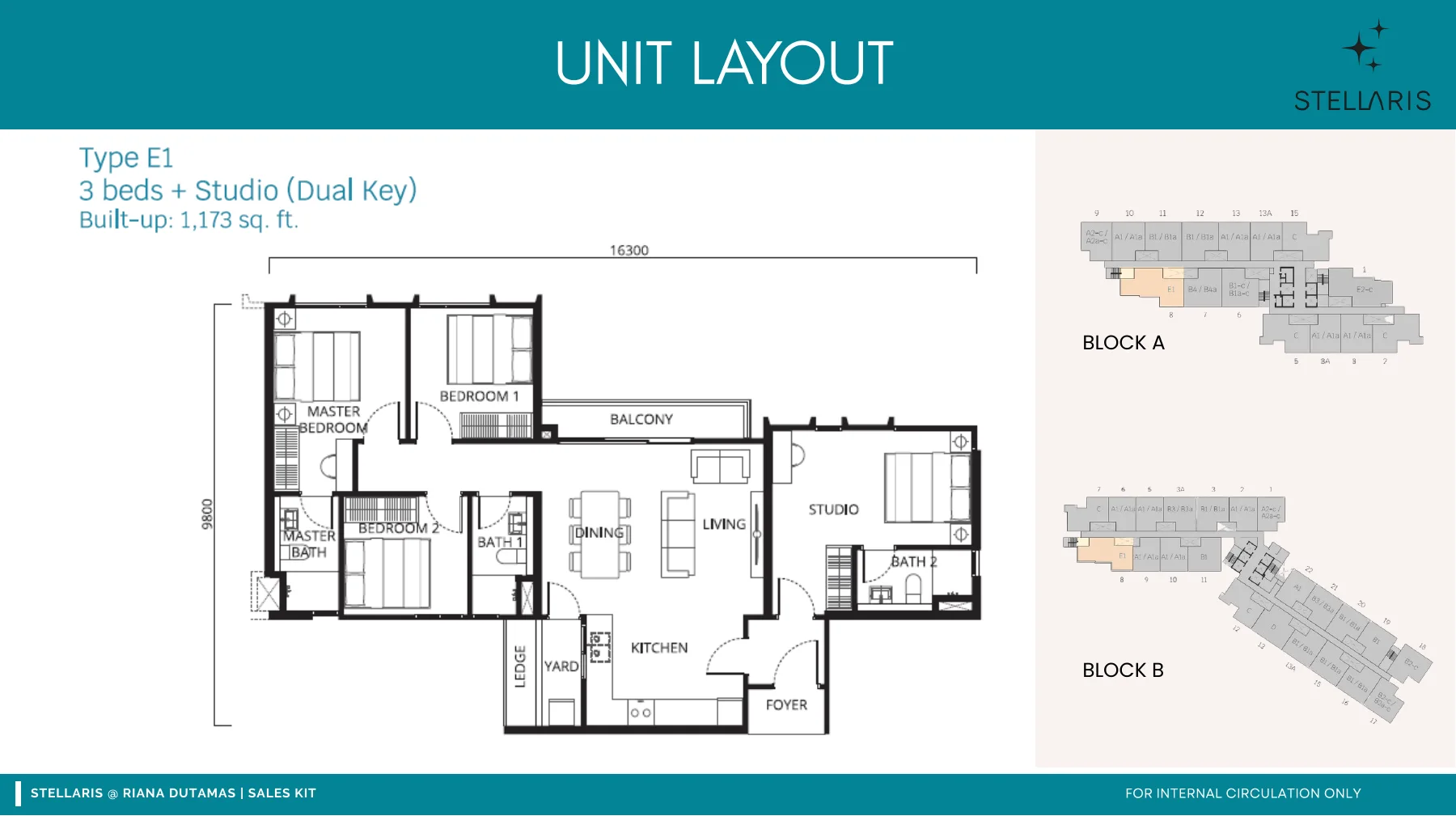 Stellaris Type E dual-key floor plan — 1,173 to 1,206 sq ft, 3 bedrooms plus studio